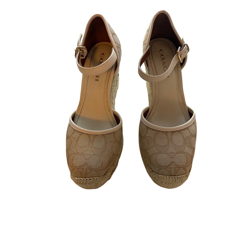 Coach Womans Size 6 Fits 7 Beige Signature Jacquard Espadrille Wedge Sandal Heel